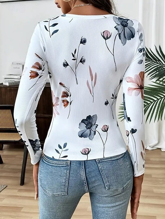 Casual Floral U-Neck Long Sleeve T-shirt