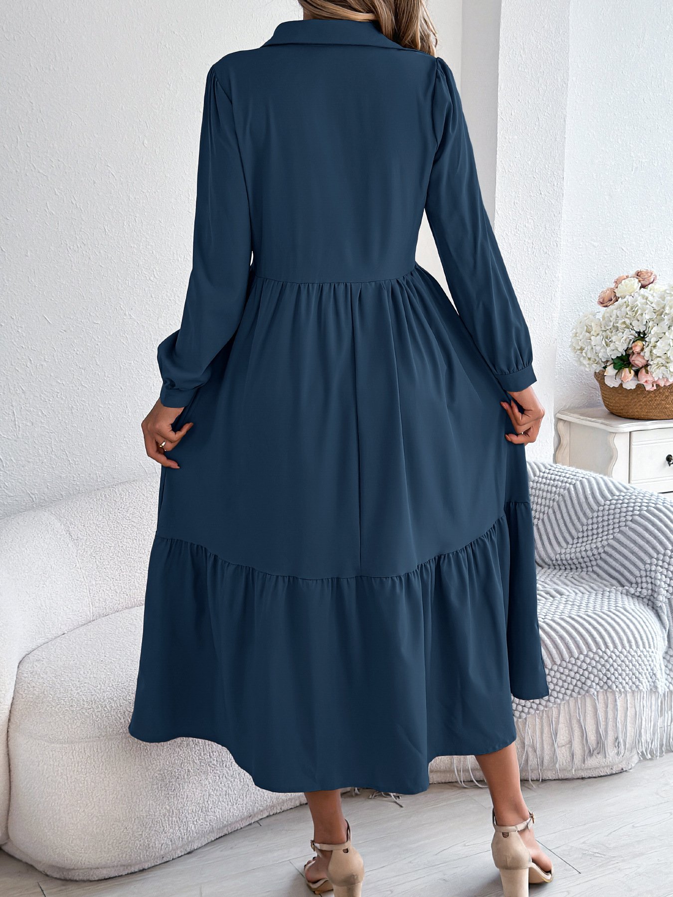 Women Plain Spring/Fall Dress Shirt Collar Long Sleeve A-Line Dress