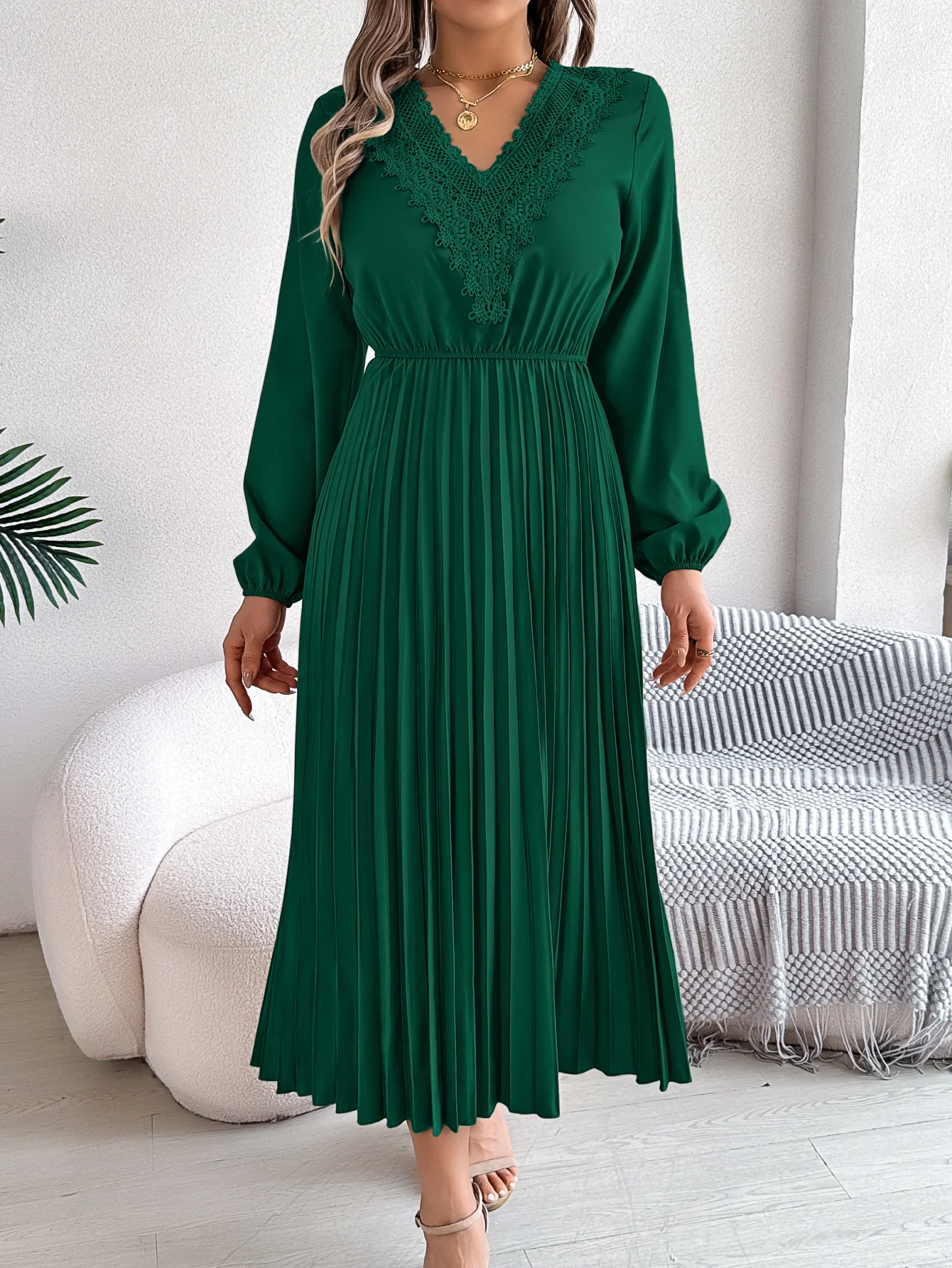 Women Plain Spring/Fall Dress V Neck Long Sleeve A-Line Dress
