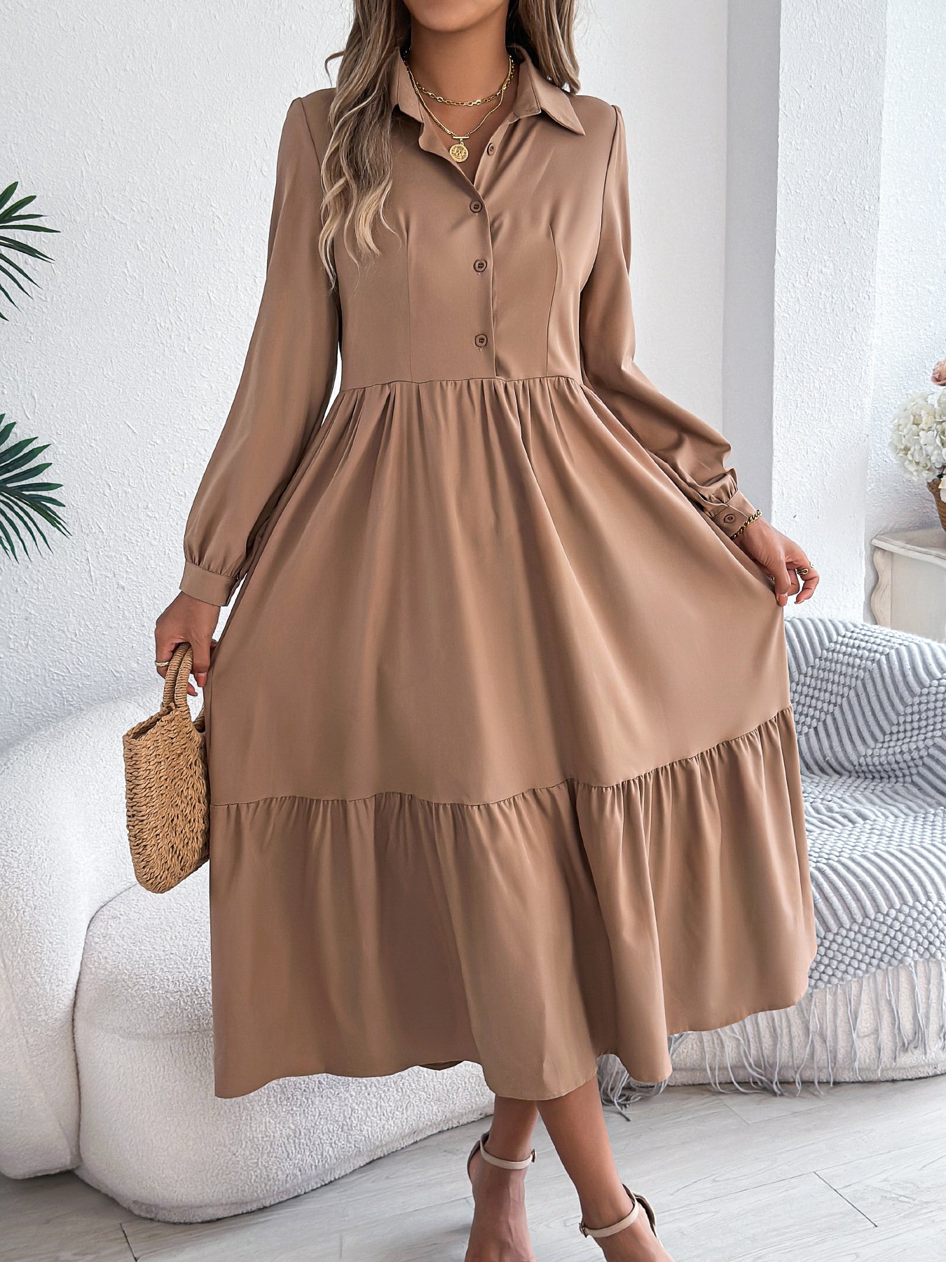 Women Plain Spring/Fall Dress Shirt Collar Long Sleeve A-Line Dress