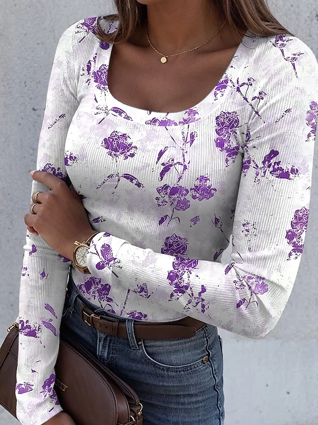 Casual Floral U-Neck Long Sleeve T-shirt