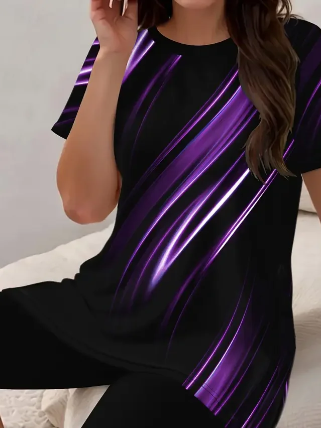 Women Abstract Printing Two-Piece Set Daily Short Sleeve Casual Summer Top With Pants Matching Set