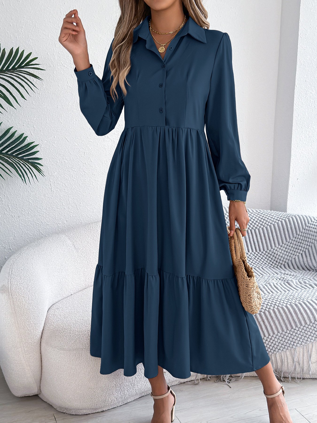 Women Plain Spring/Fall Dress Shirt Collar Long Sleeve A-Line Dress