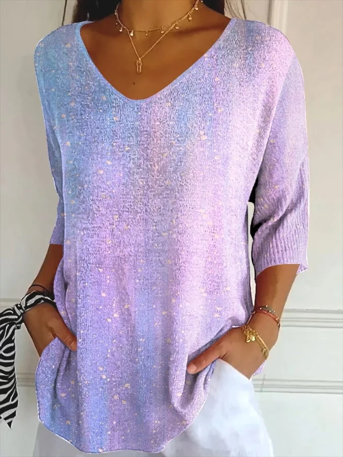 Casual Abstract V Neck Three Quarter Sleeve T-shirt