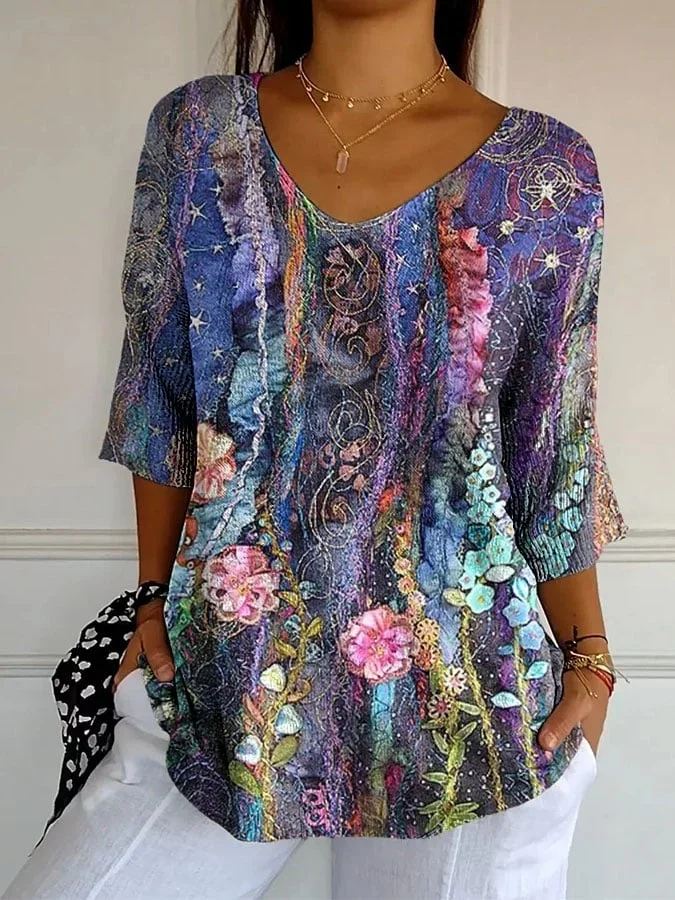 Casual Floral V Neck Three Quarter Sleeve T-shirt