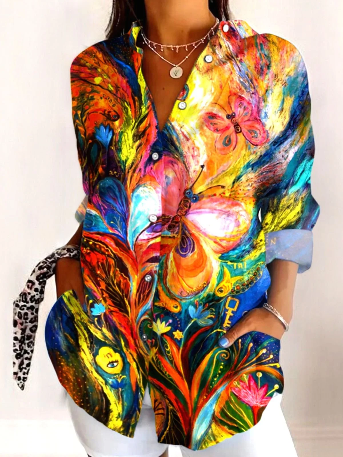 Women's Shirt Cotton Button Up Butterfly Floral Art Print Basic Blouse Casual Long Sleeve Shirt Collar Daily Top