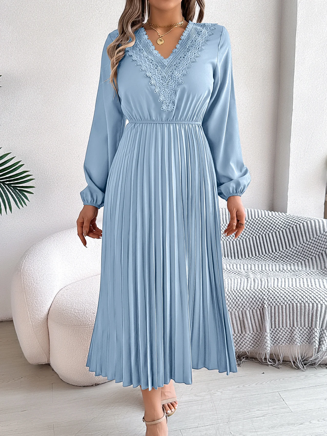 Women Plain Spring/Fall Dress V Neck Long Sleeve A-Line Dress