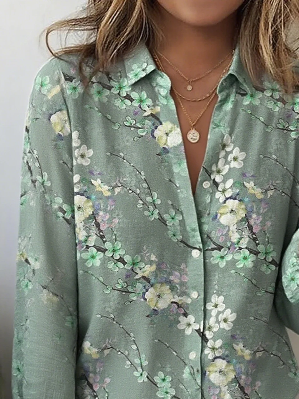 Shirt Collar Long Sleeve Floral Regular Loose Shirt For Women