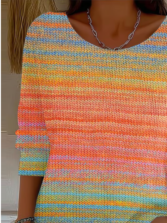 Vintage Striped V Neck Three Quarter Sleeve T-shirt