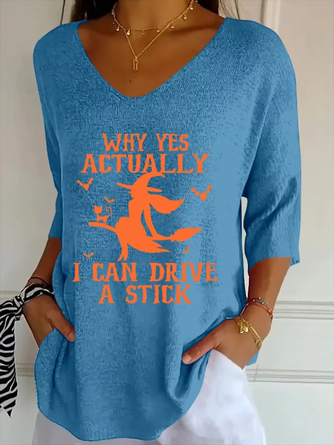 Vintage Halloween Witch Print V Neck Three Quarter Sleeve T-shirt