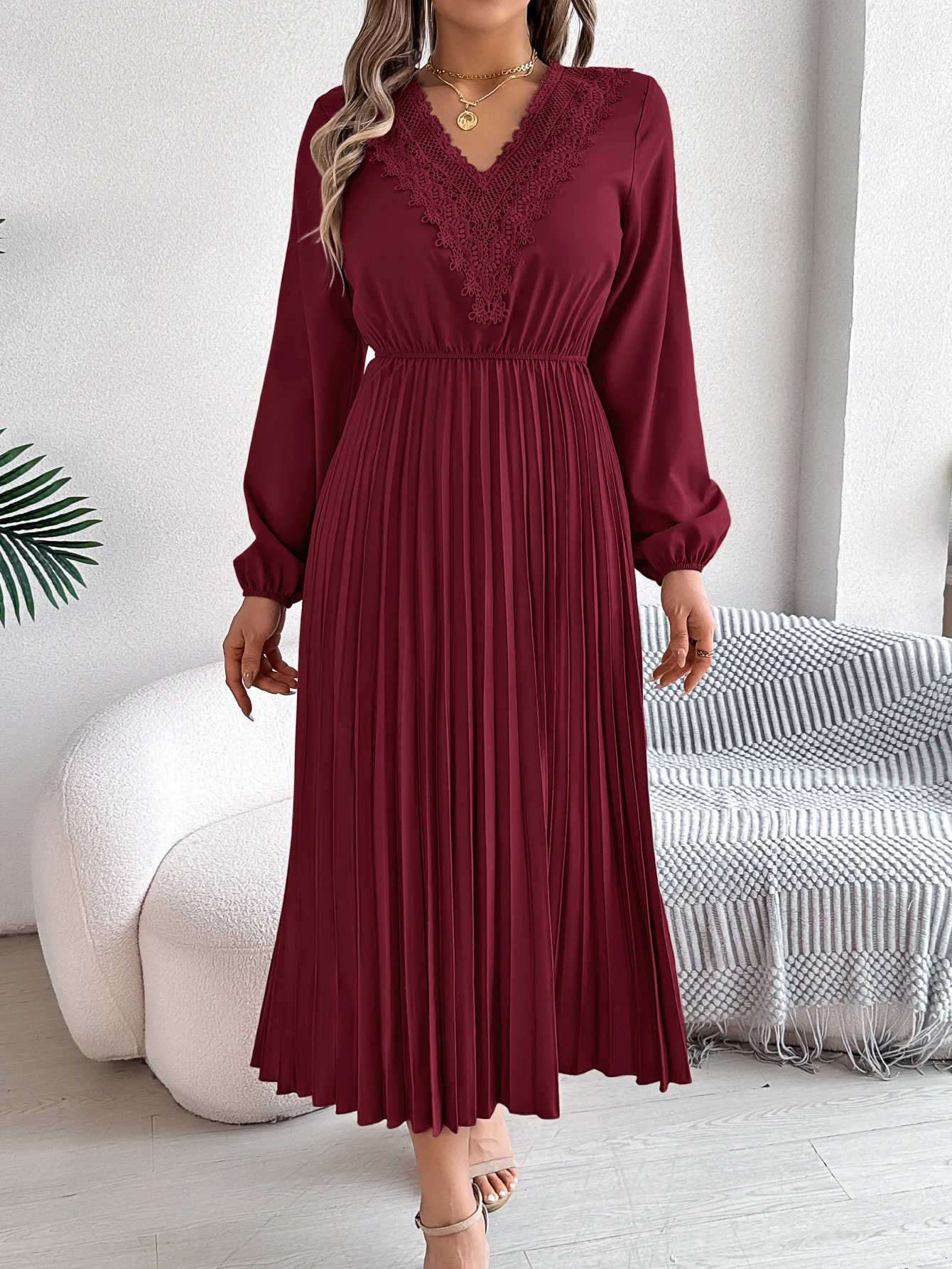 Women Plain Spring/Fall Dress V Neck Long Sleeve A-Line Dress
