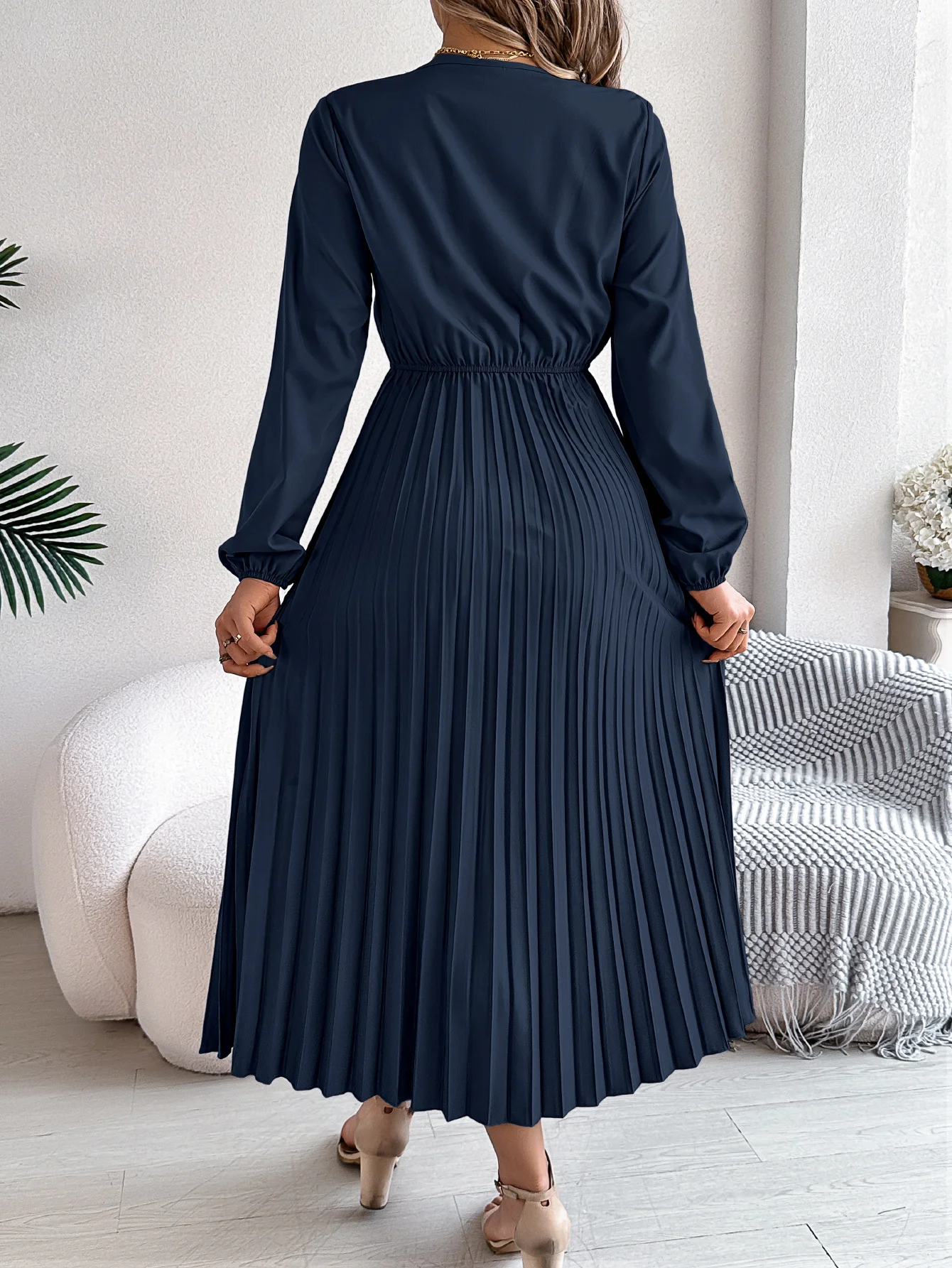 Women Plain Spring/Fall Dress V Neck Long Sleeve A-Line Dress