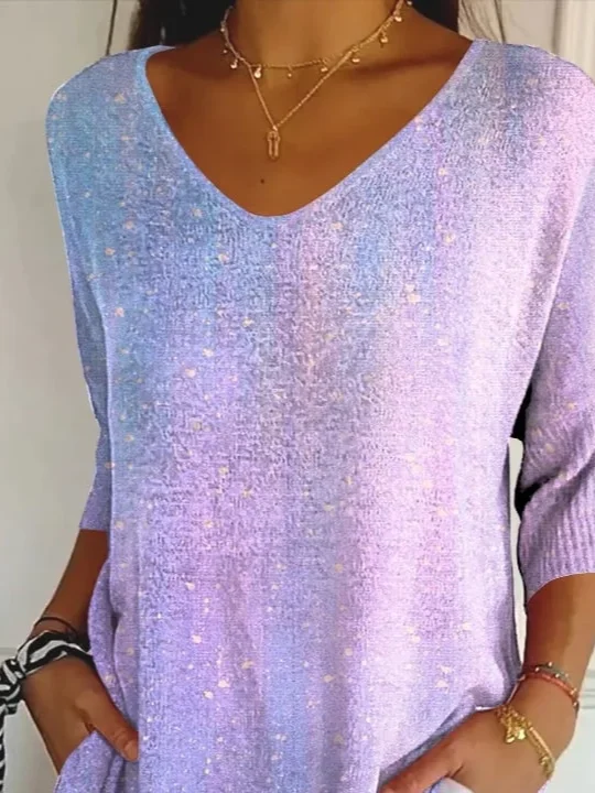 Casual Abstract V Neck Three Quarter Sleeve T-shirt