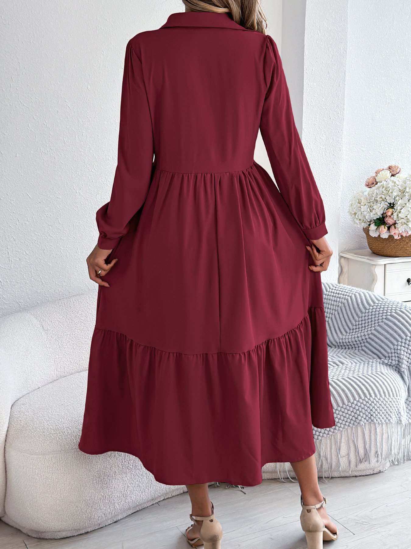 Women Plain Spring/Fall Dress Shirt Collar Long Sleeve A-Line Dress