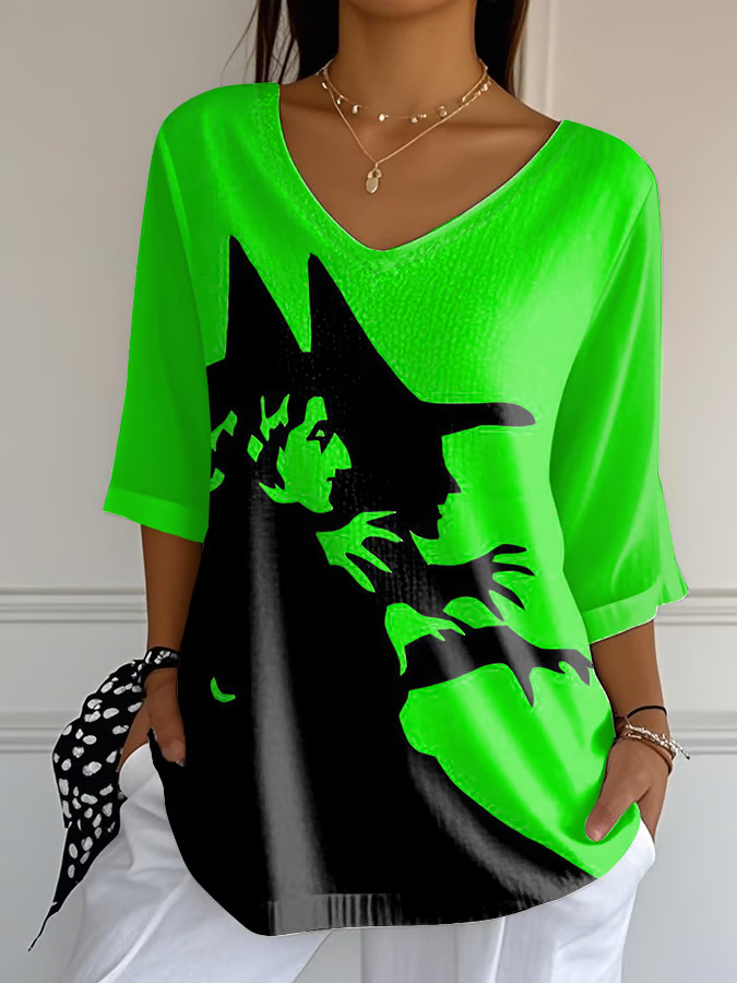 Vintage Halloween V Neck Three Quarter Sleeve T-shirt