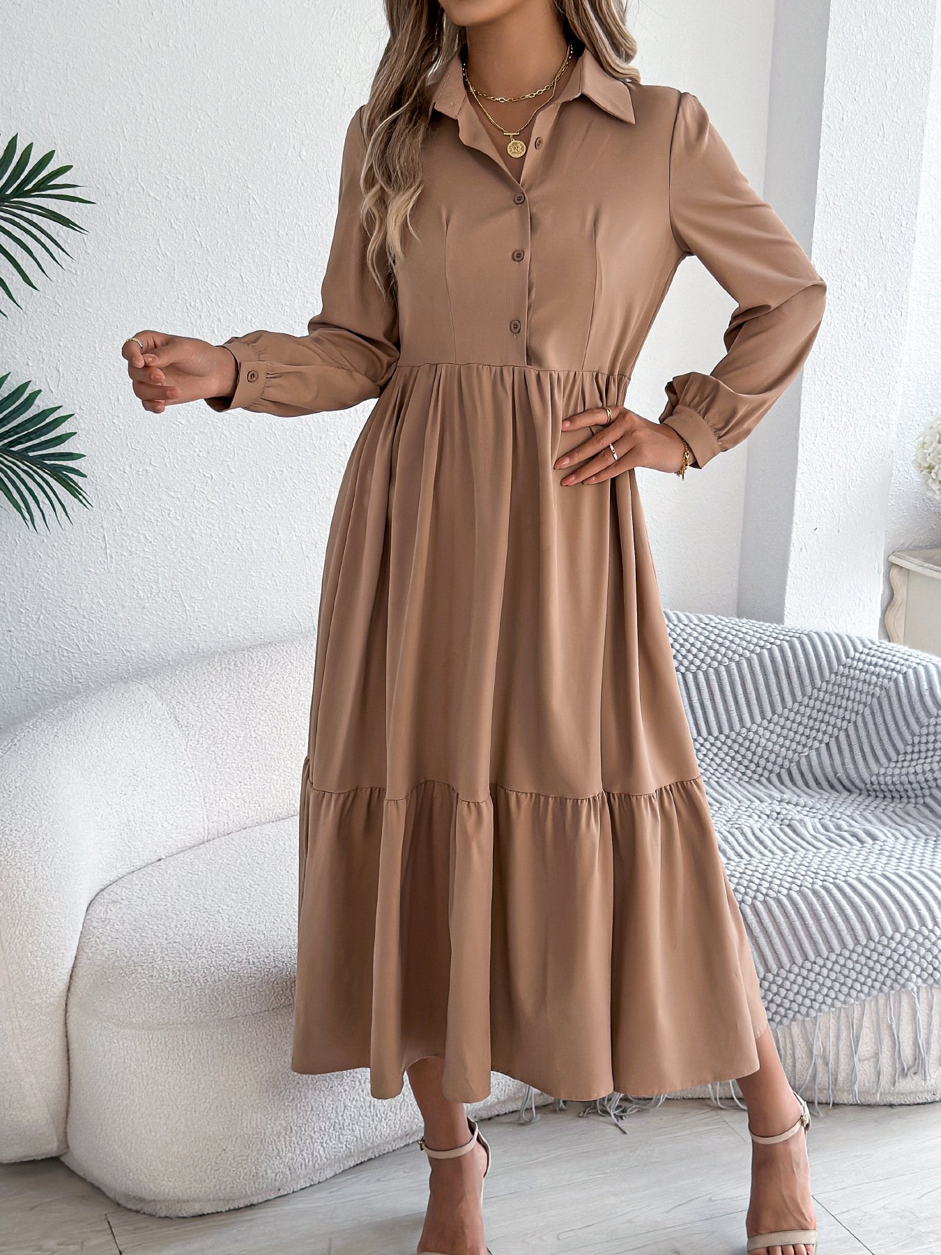 Women Plain Spring/Fall Dress Shirt Collar Long Sleeve A-Line Dress