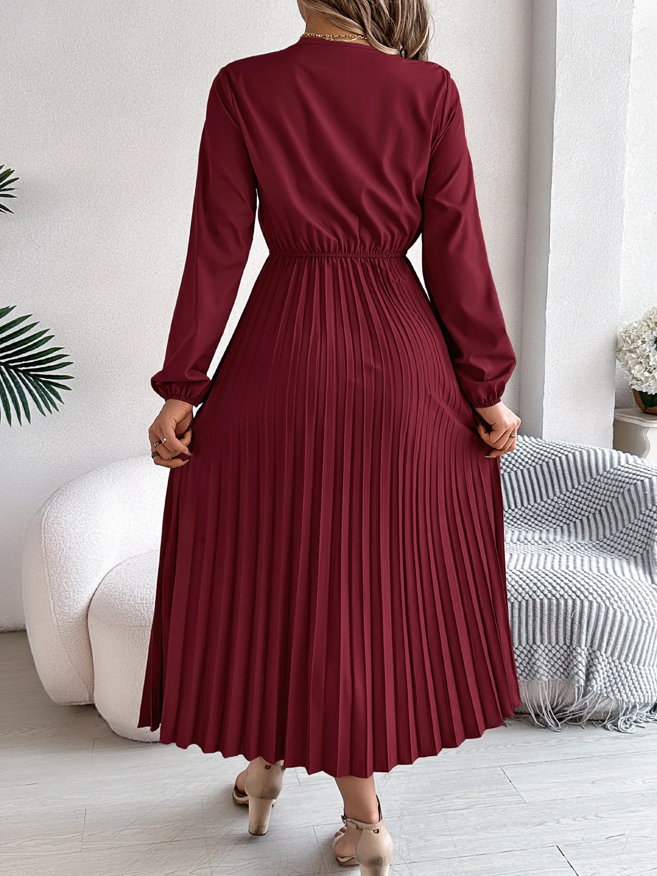 Women Plain Spring/Fall Dress V Neck Long Sleeve A-Line Dress