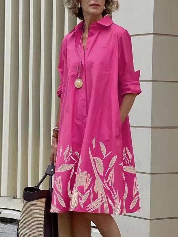 Women Geometric Spring/Fall Dress Shawl Collar Long Sleeve Shirt Dress H-Line Dress