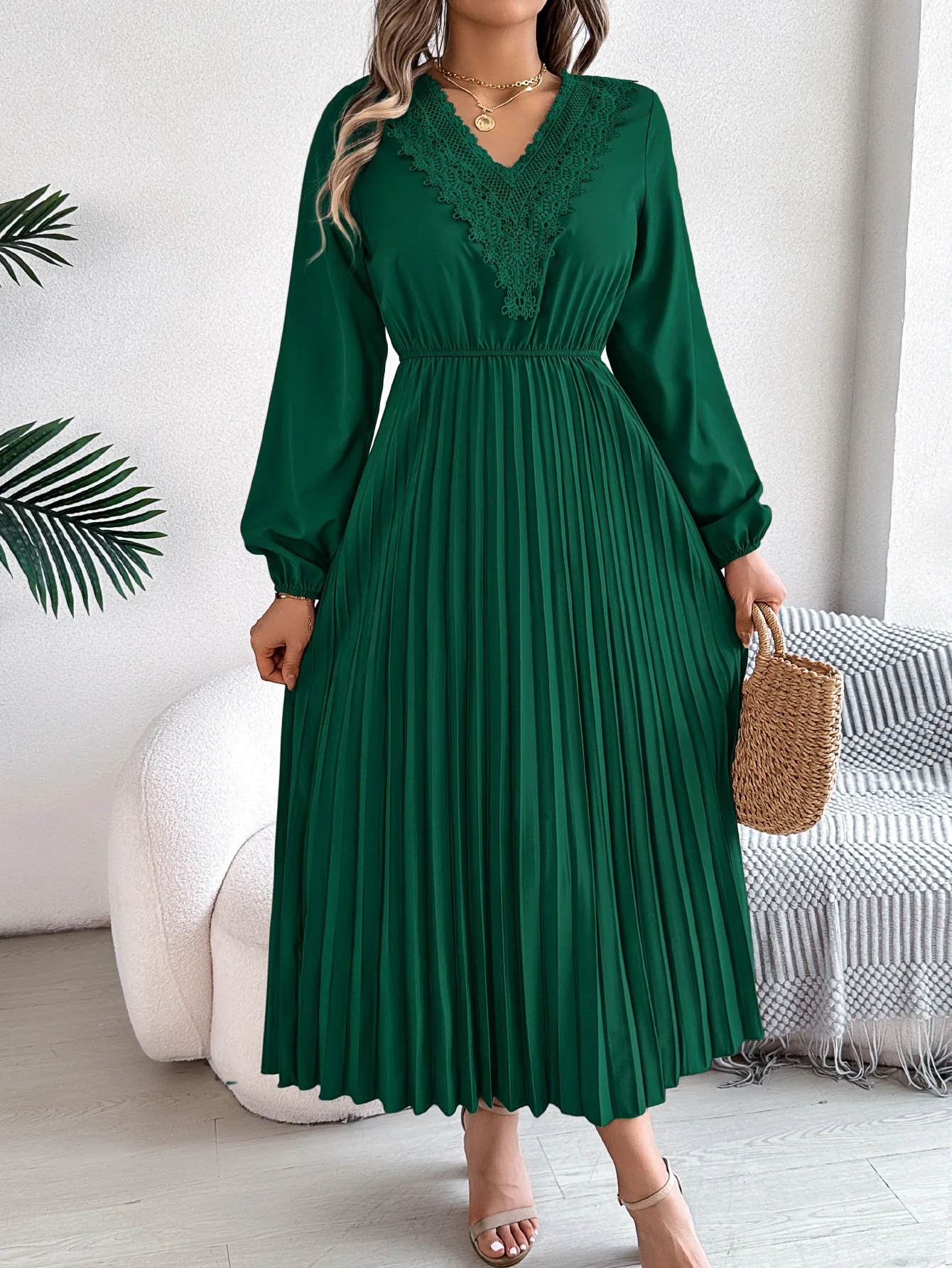 Women Plain Spring/Fall Dress V Neck Long Sleeve A-Line Dress