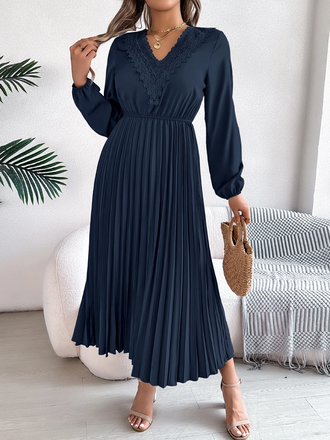 Women Plain Spring/Fall Dress V Neck Long Sleeve A-Line Dress