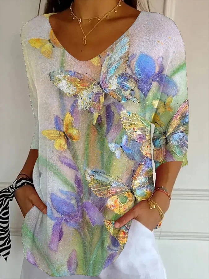 Casual Floral V Neck Three Quarter Sleeve T-shirt