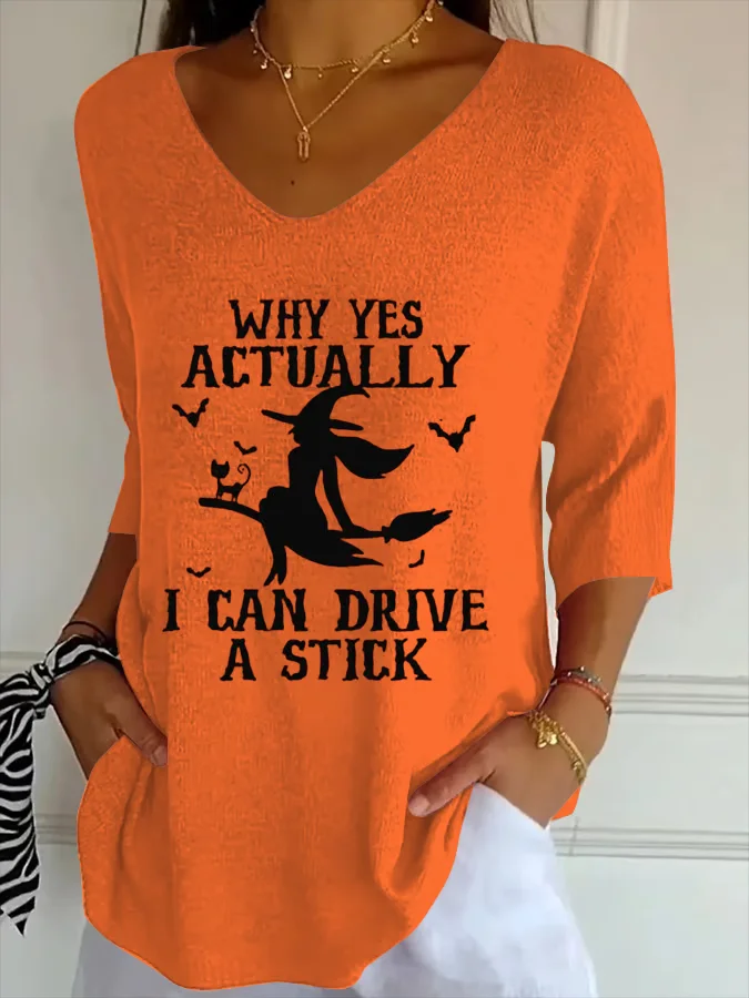 Vintage Halloween Witch Print V Neck Three Quarter Sleeve T-shirt