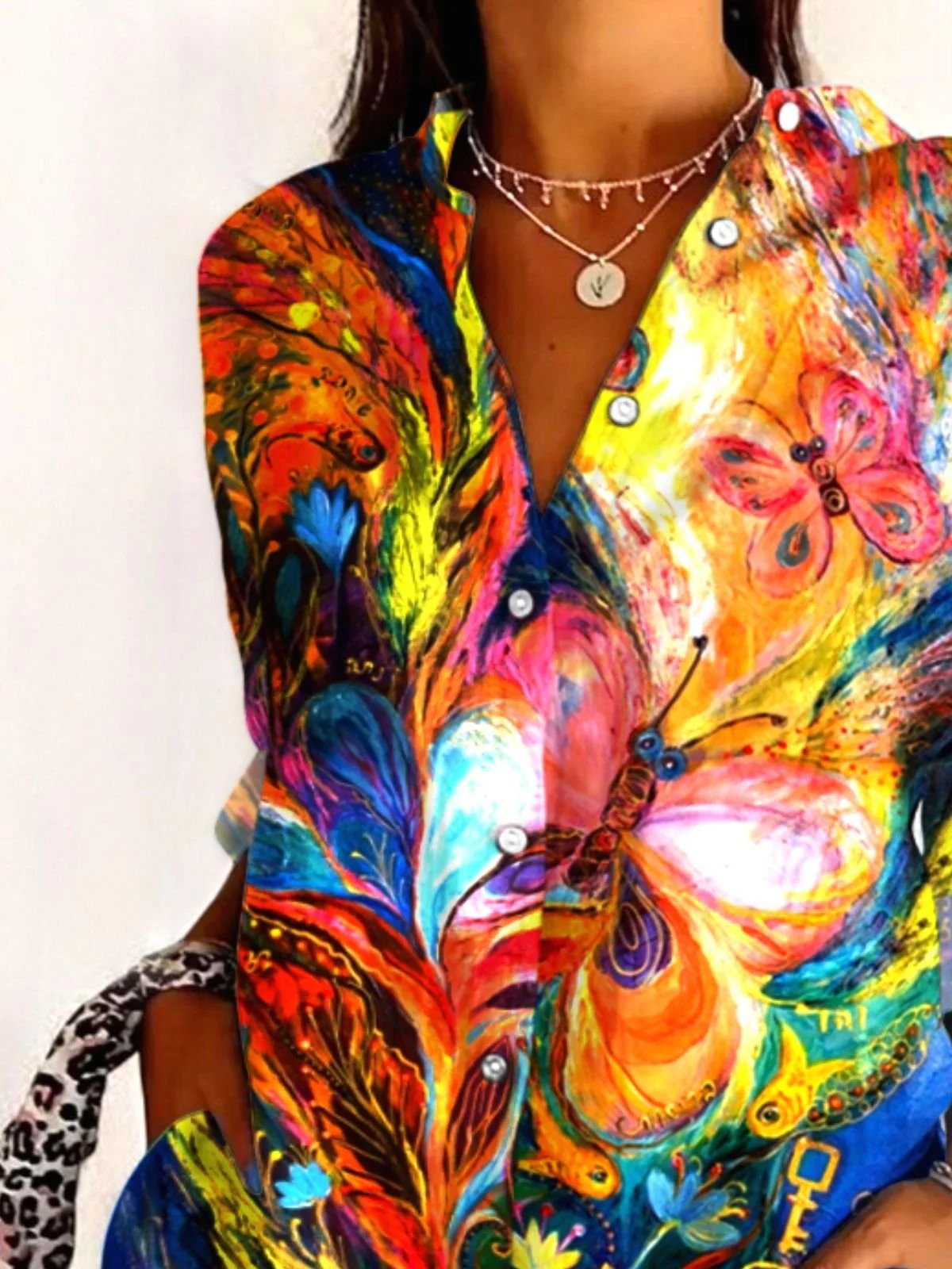 Women's Shirt Cotton Button Up Butterfly Floral Art Print Basic Blouse Casual Long Sleeve Shirt Collar Daily Top