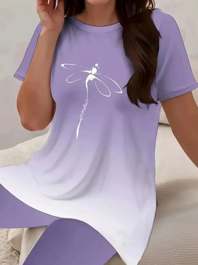Women Dragonfly Printing Two-Piece Set Daily Short Sleeve Casual Summer Top With Pants Matching Set