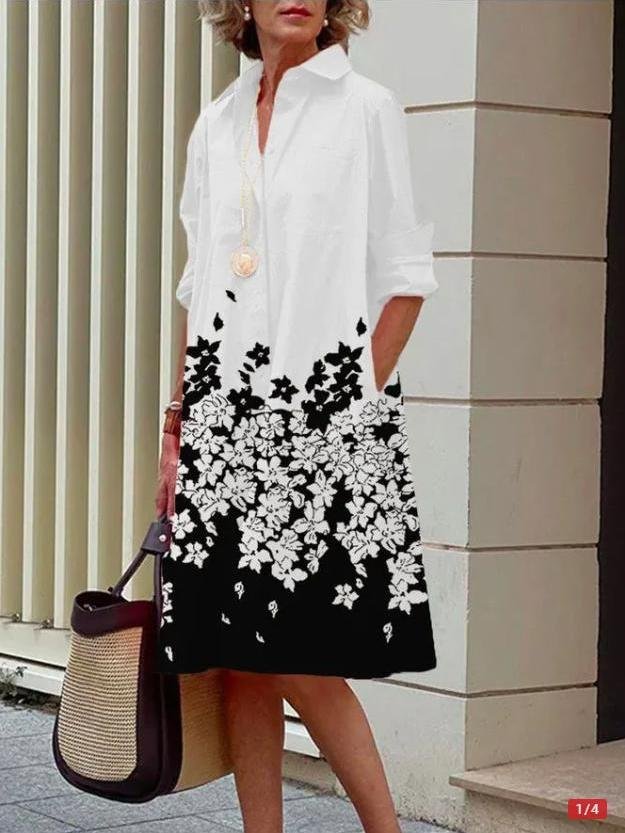 Women Geometric Spring/Fall Dress Shawl Collar Long Sleeve Shirt Dress H-Line Dress