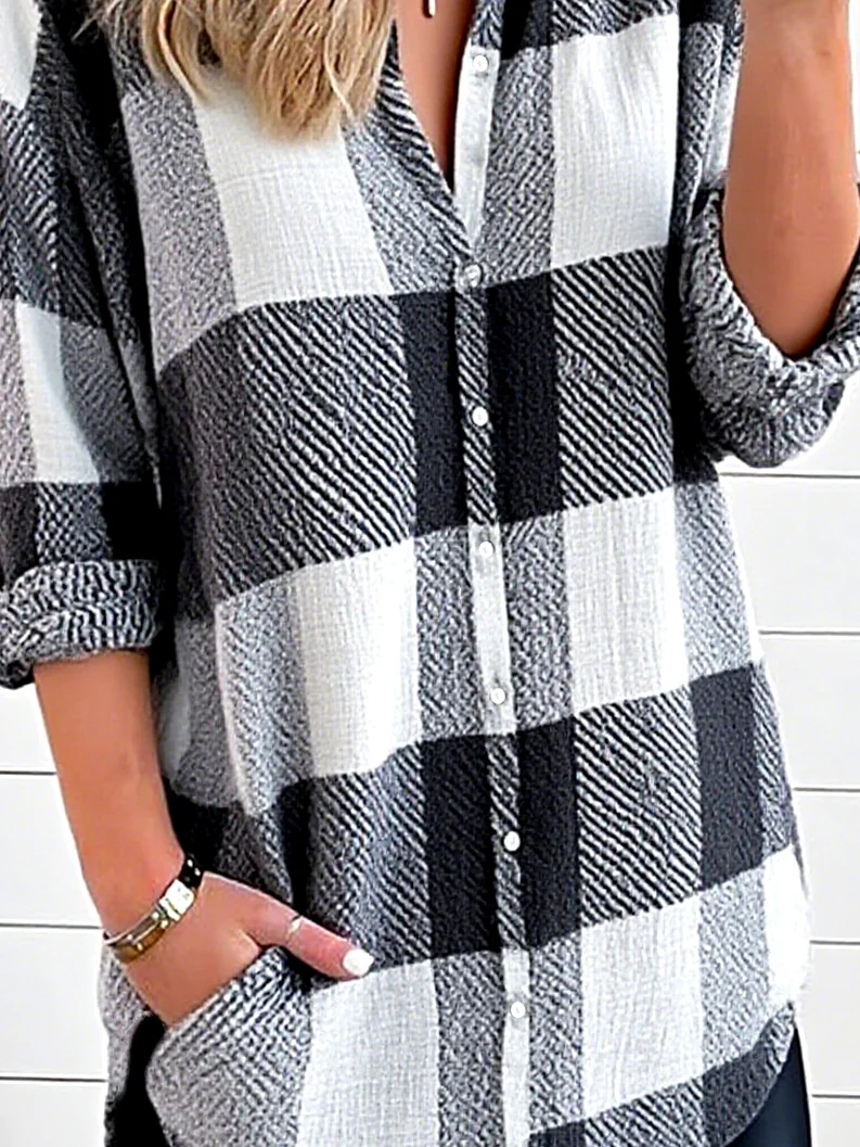 Shirt Collar Long Sleeve Plaid Regular Loose Shirt For Women