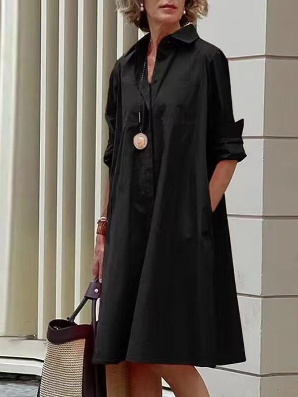 Women Geometric Spring/Fall Dress Shawl Collar Long Sleeve Shirt Dress H-Line Dress