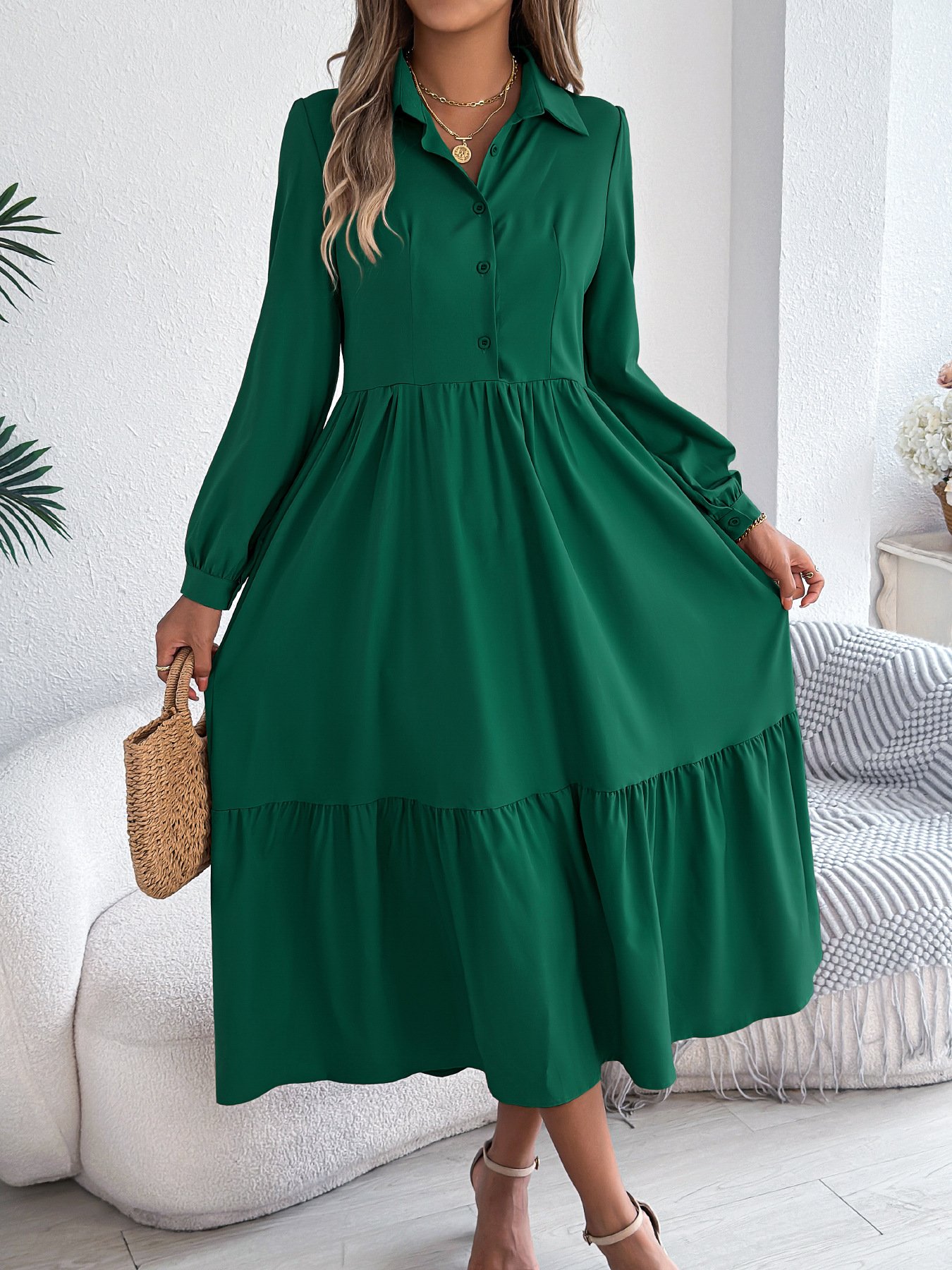 Women Plain Spring/Fall Dress Shirt Collar Long Sleeve A-Line Dress