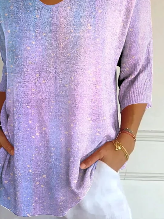 Casual Abstract V Neck Three Quarter Sleeve T-shirt