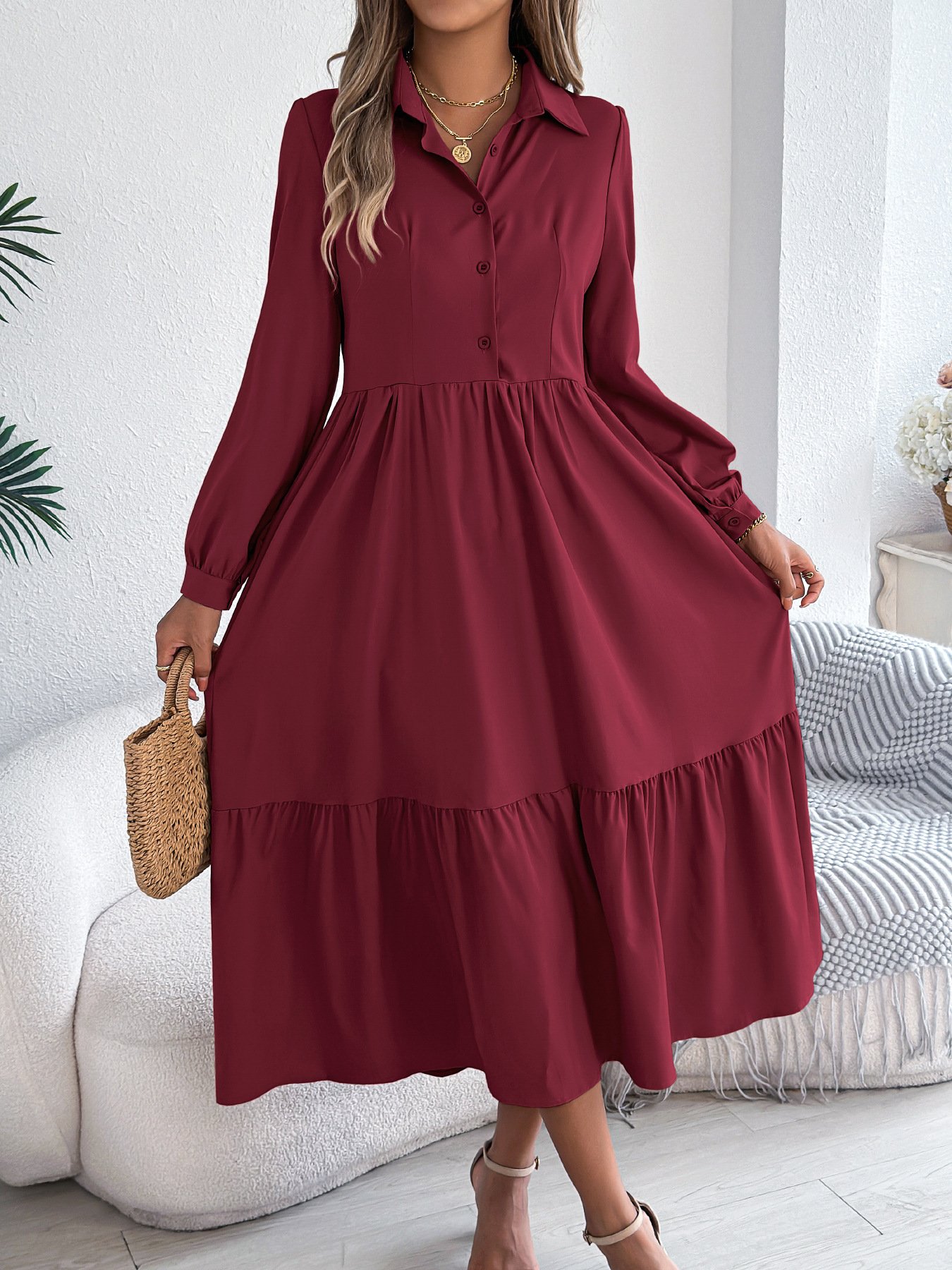 Women Plain Spring/Fall Dress Shirt Collar Long Sleeve A-Line Dress