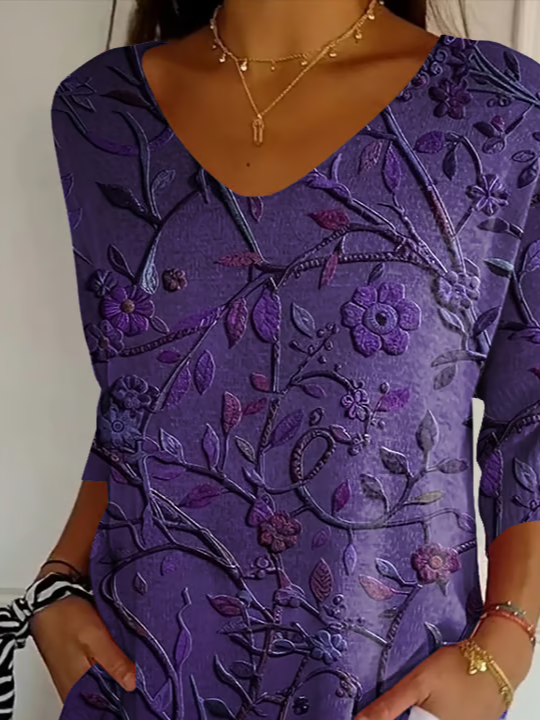 Casual Floral V Neck 3/4 Length Sleeve T-shirt