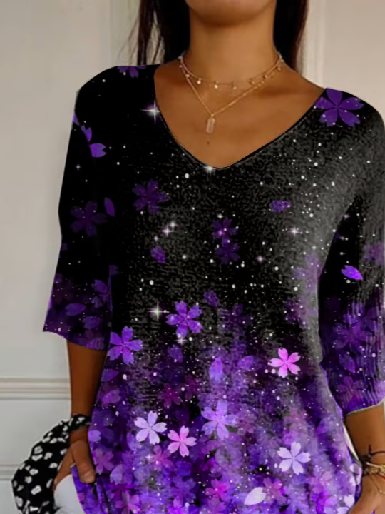 Casual Floral V Neck Three Quarter Sleeve T-shirt