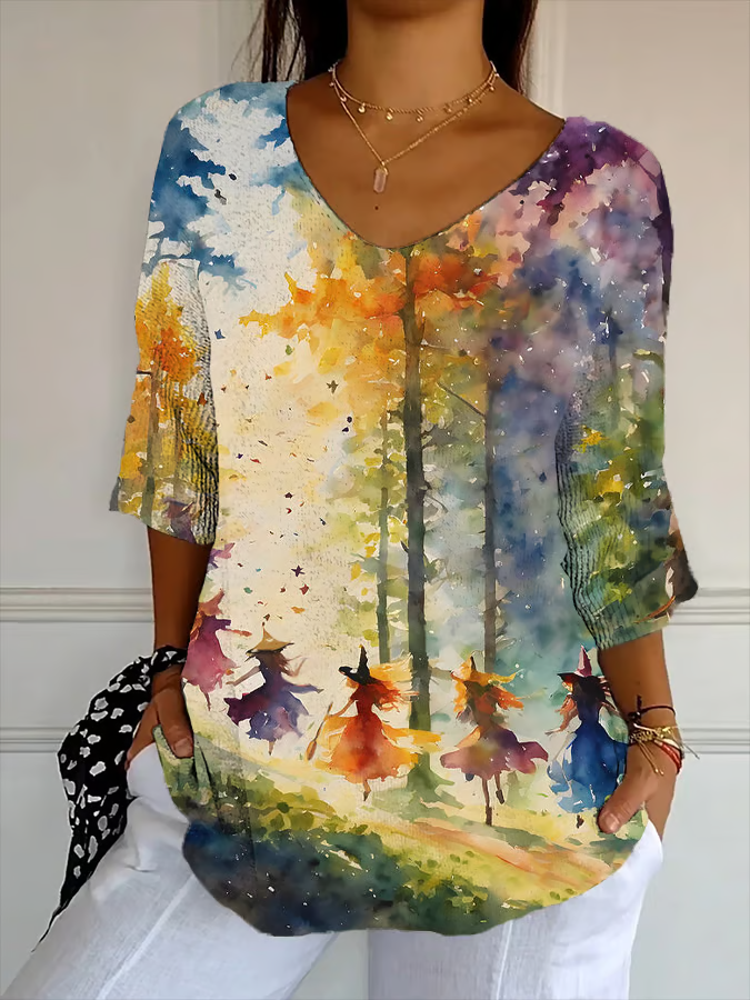 Vintage Halloween V Neck Three Quarter Sleeve T-shirt