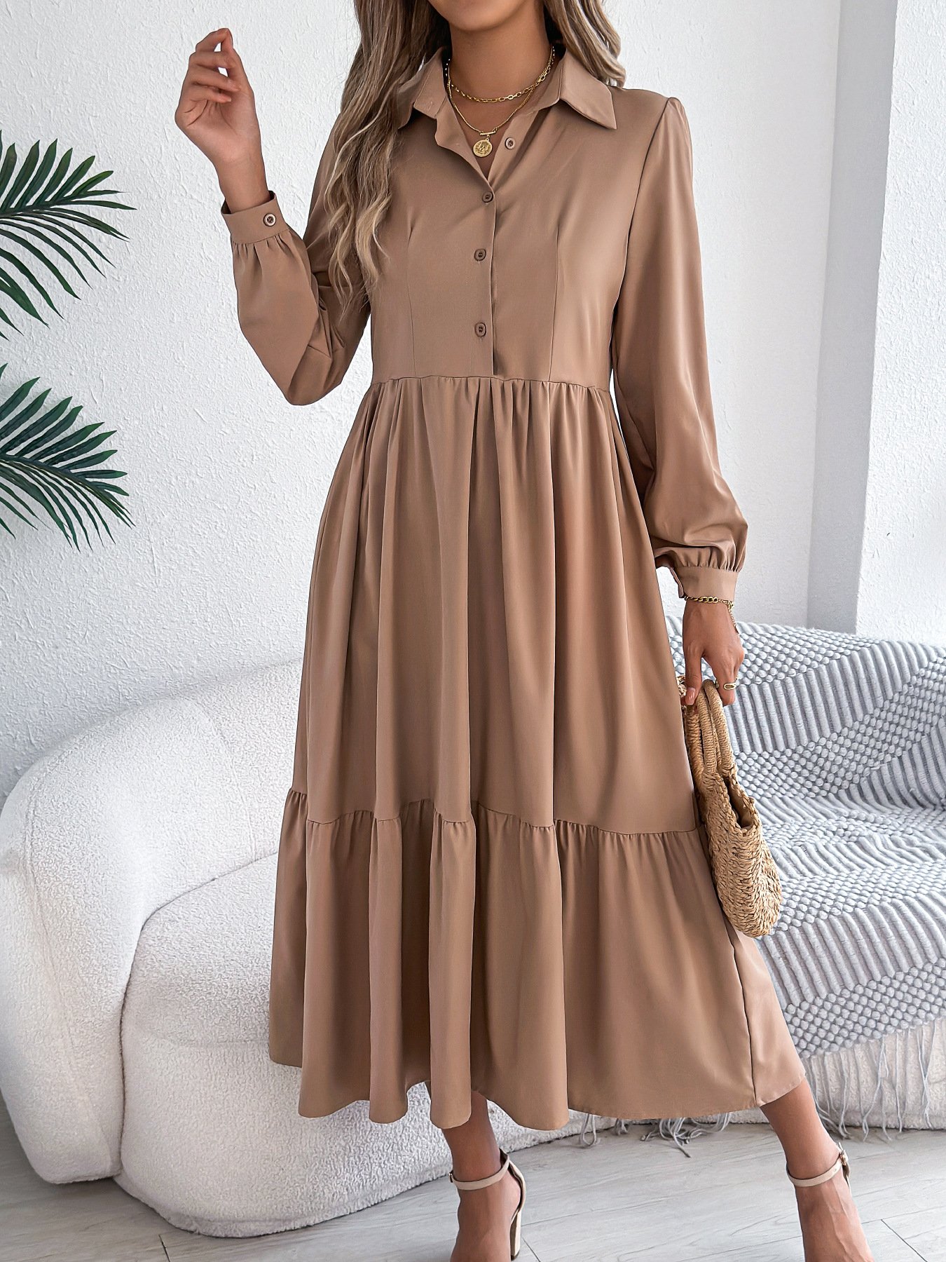 Women Plain Spring/Fall Dress Shirt Collar Long Sleeve A-Line Dress
