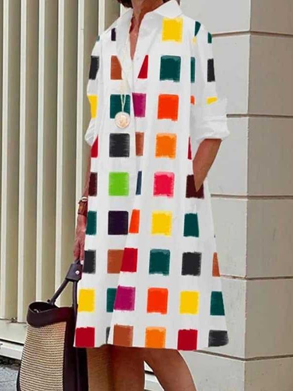Women Geometric Spring/Fall Dress Shawl Collar Long Sleeve Shirt Dress H-Line Dress