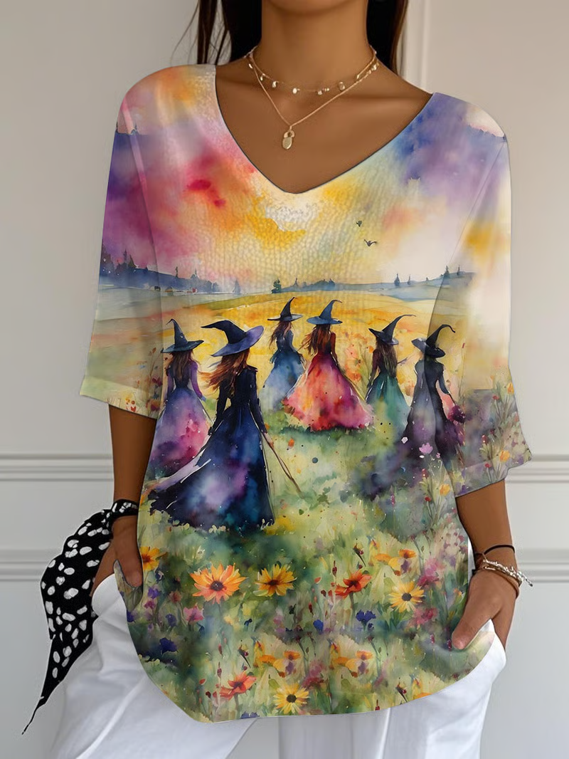 Vintage Halloween V Neck Three Quarter Sleeve T-shirt