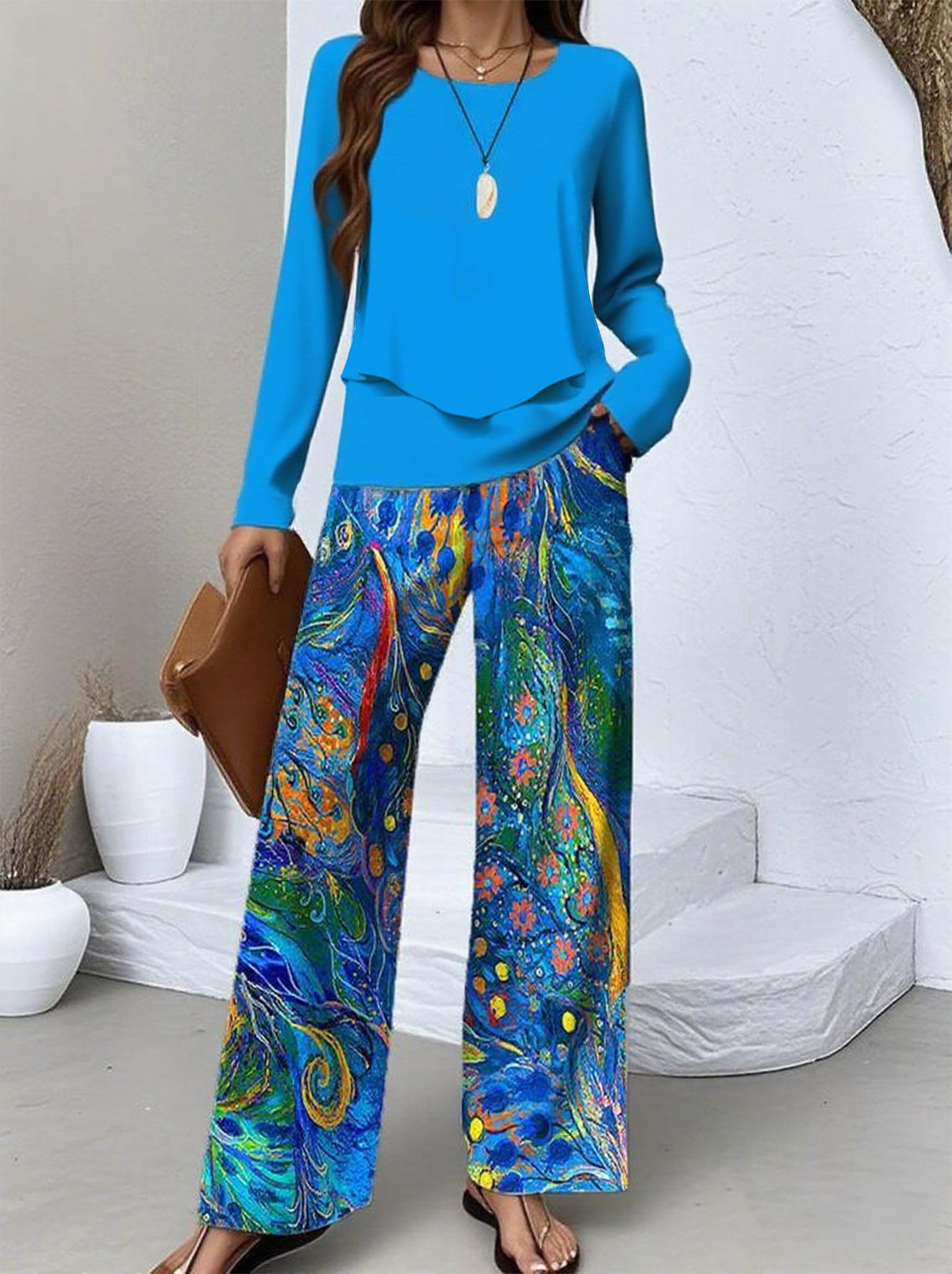 Women Psychedelic Art Two-Piece Set Daily Long Sleeve Casual Spring/Fall Top With Skirt Matching Set