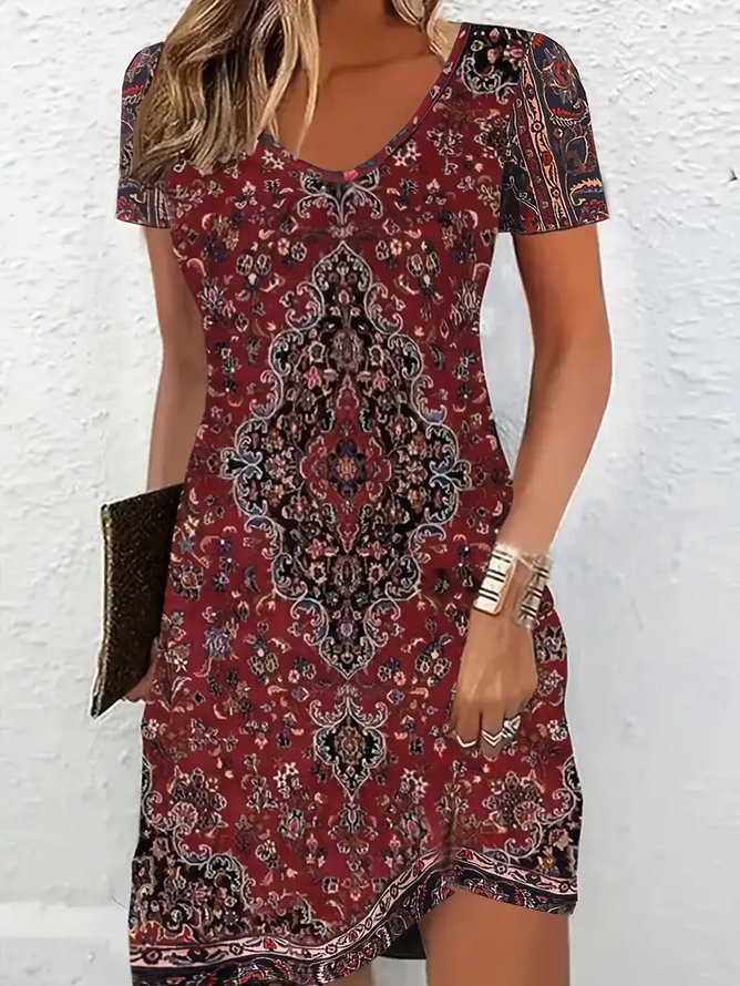 Women Floral Summer Printing Dress V Neck Short Sleeve Fit & Flare Dress A-Line Dress