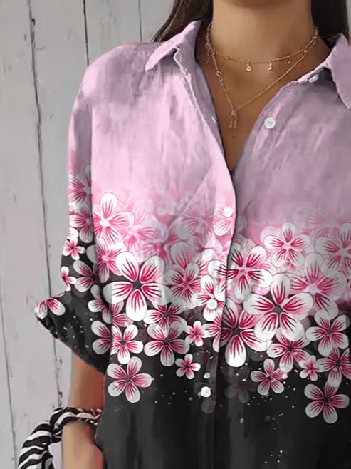 Shirt Collar Three Quarter Sleeve Floral Printing Regular Loose Button Up Shirt Shirt For Women