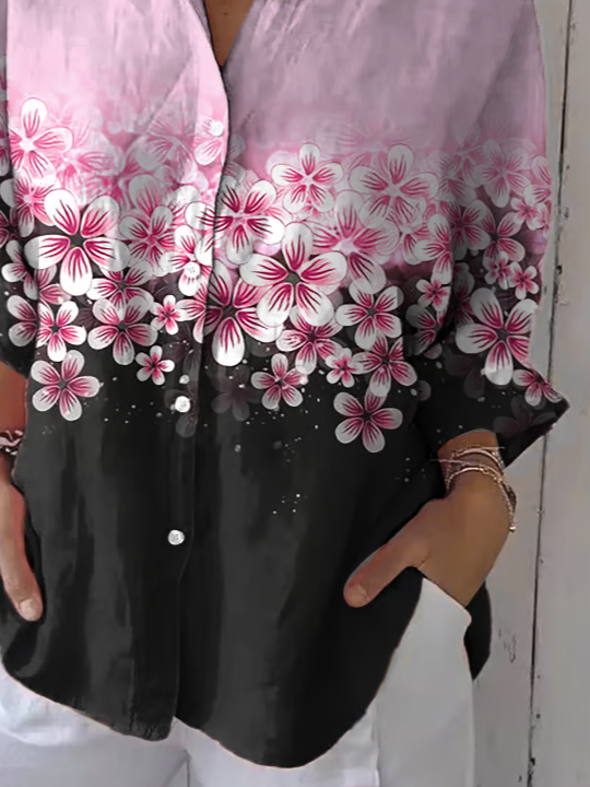 Shirt Collar Three Quarter Sleeve Floral Printing Regular Loose Button Up Shirt Shirt For Women