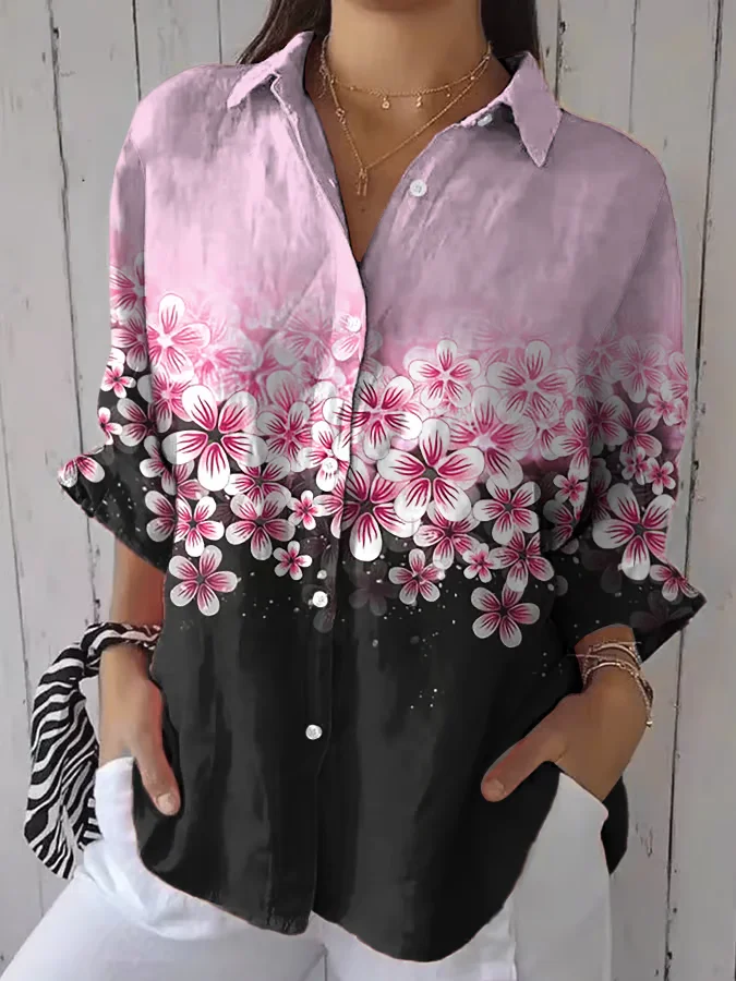 Shirt Collar Three Quarter Sleeve Floral Printing Regular Loose Button Up Shirt Shirt For Women