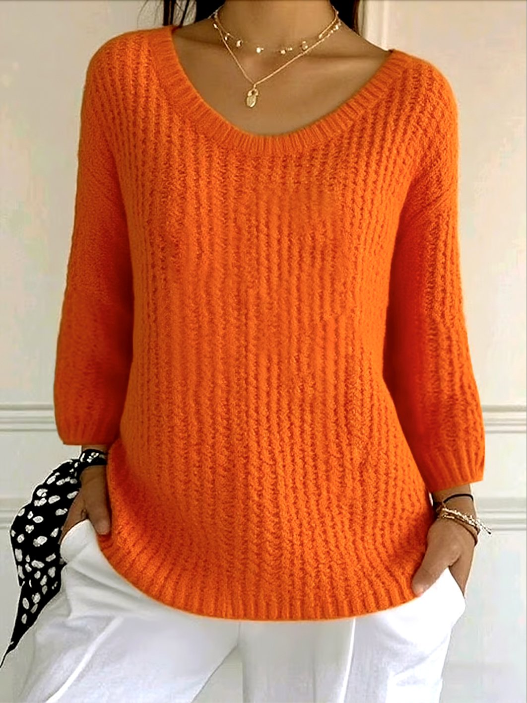 Women Cotton Plain Long Sleeve Comfy Casual Sweater