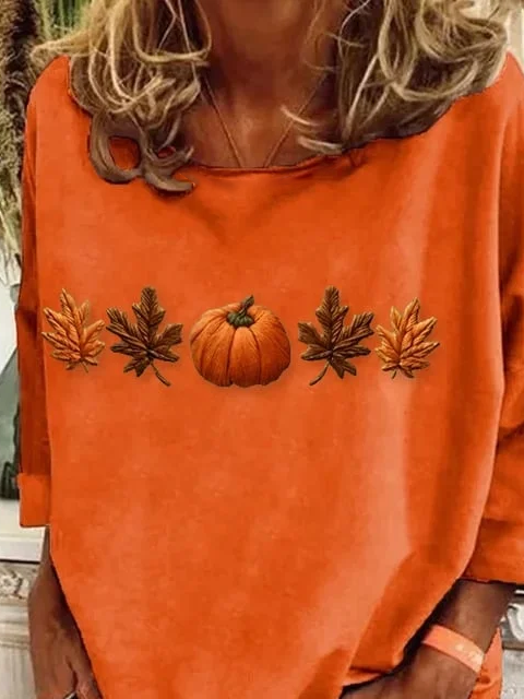 Casual Halloween Pumpkin Maple Leaf Print Crew Neck Long Sleeve T-shirt