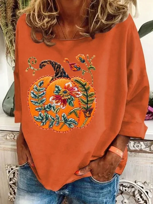 Casual Floral Pumpkin Print Crew Neck Long Sleeve T-shirt
