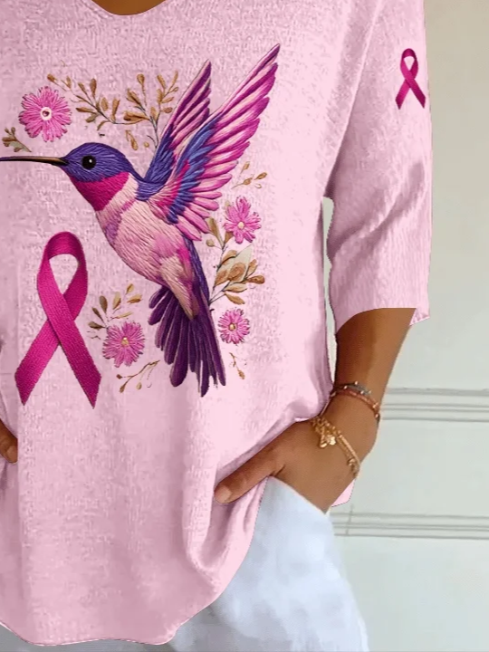 Casual Floral V Neck Three Quarter Sleeve T-shirt