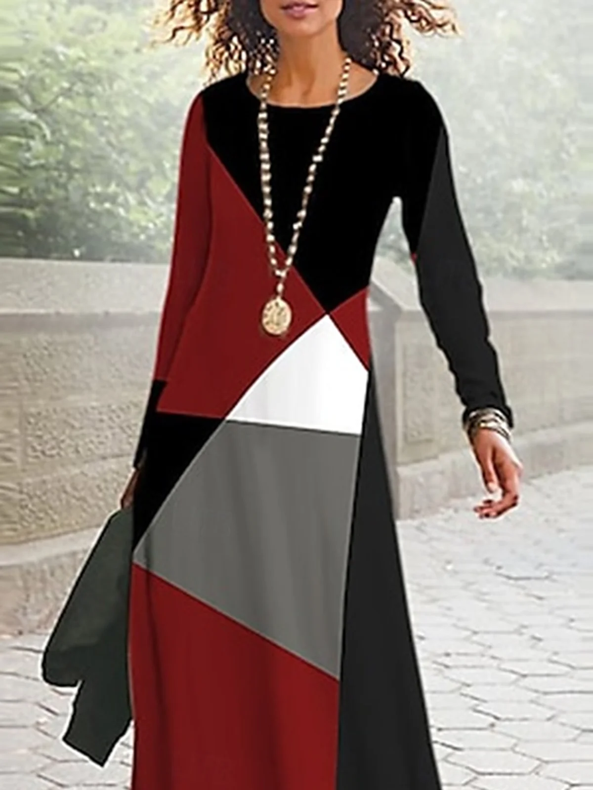 Women Geometric Spring/Fall Dress Crew Neck Long Sleeve A-Line Dress